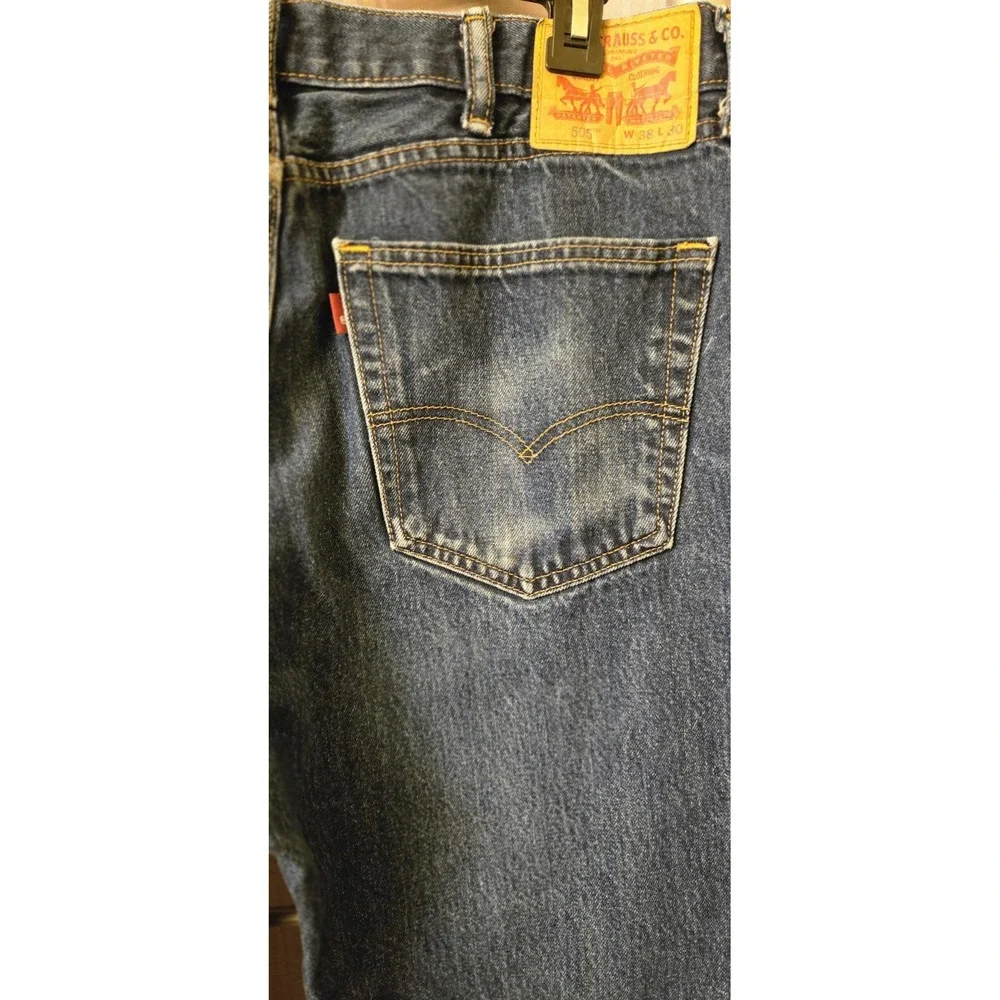 Levis 505 Mens Blue Jeans Dark Wash Denim Straight Pants 38x30 (Fits 36x28) Flaw